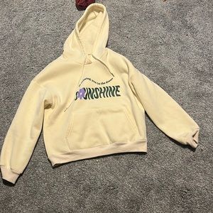 yellow hoodie from shein that says “is missing you in the dream” “sunshine”
